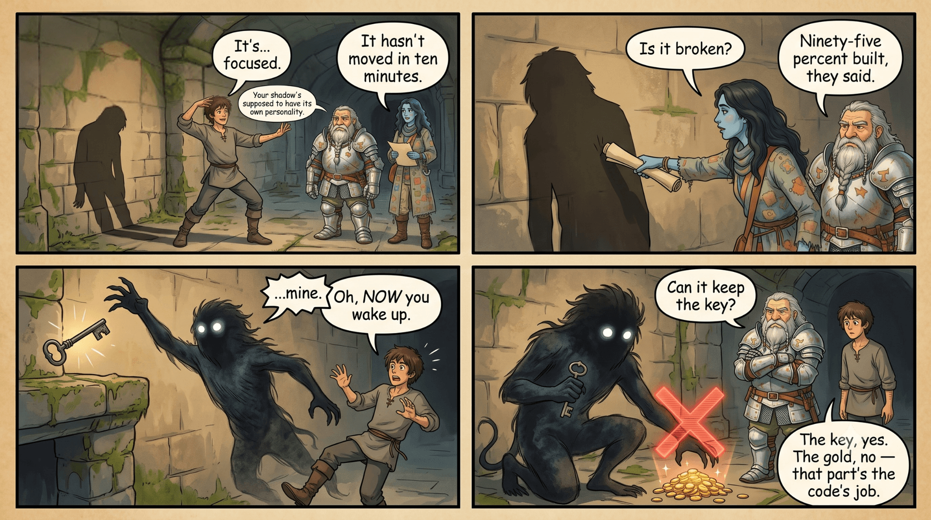 Comic: the Warrior's lifeless shadow wakes up, grabs a key, and is denied the gold.